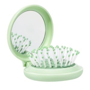Mini Hair Brush for Purse, Travel Hair Brush with Mirror for Girls, Small Compact Mirror with Brush Pocket Size,Durable Brush and Mirror Combo as Gifts for Women, Vibrant Green, Round
