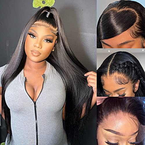 Miss Flower 250% Density Lace Front Wigs Human Hair 28Inch Straight Real Full Large Lace Space 13x4 Frontal Wigs Human Hair For Black Women HD Transparent Lace Front Wigs Human Hair Pre Plucked