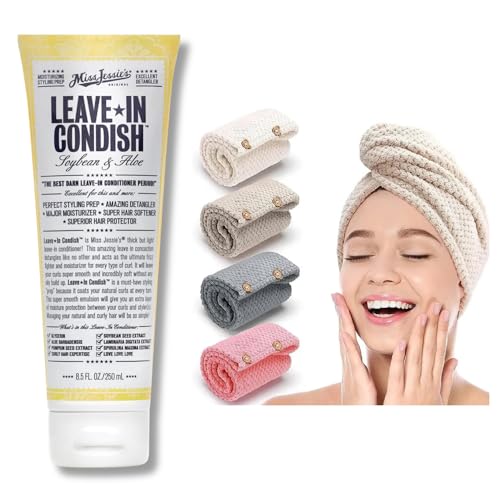 Miss Jessie Hair Products Leave in Conditioner Pillow Soft Curls Leave Condish 8.5 oz Bundle with Samba Life Microfiber Hair Towel Wrap Turban For Curly Long Thick Hair