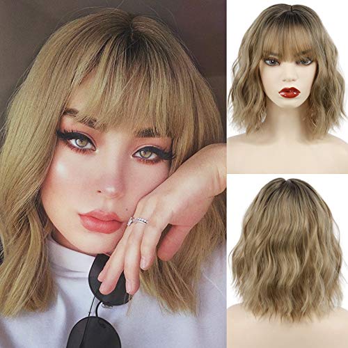 MISSQUEEN Short Curly Bob Wig With Bangs Wavy Synthetic Cosplay Bob Wig loose wave for women Costume Wigs ombre Brown.