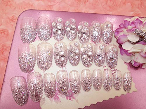 MISUD 24pc Oval Light Pink Glitter 3D Design Press on Nails for Weddings - Image 4