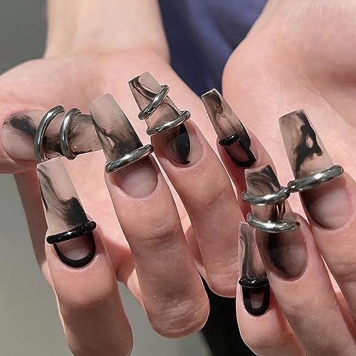 MISUD Coffin Press on Nails Long Fake Nails Matte Glue on Nails Black Ombre Acrylic Nails Ballerina Arificial Nails 3D Metal Silver Line Stick on False Nails with Design 24 pcs