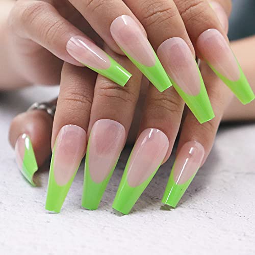 MISUD French Fake Nails, Extra Long Coffin False Nails, Glossy Full Cover Acrylic Nails, Nude Press on Nails for Women & Girls (Fluorescent Green)