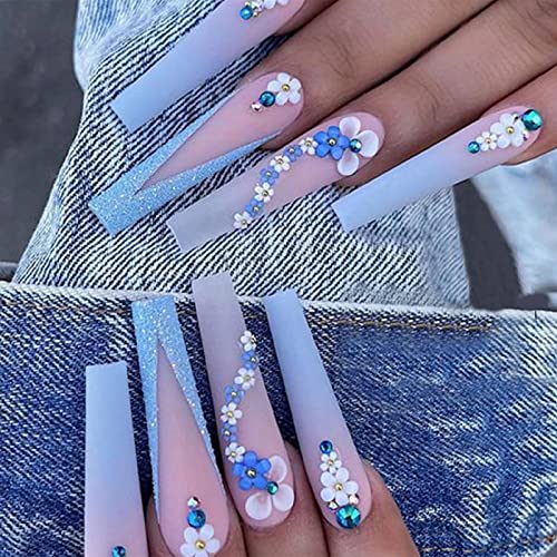MISUD 24 pcs Long Ballerina Blue Gradient Matte Acrylic Press on Nails with Rhinestones