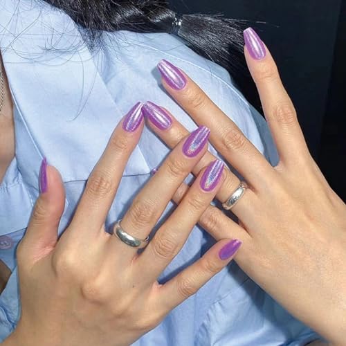 MISUD 24-Piece Medium Glossy Purple Chrome Acrylic Coffin Ballerina Press-On Nails