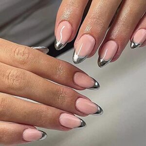 MISUD Medium Stiletto Press on Nails Almond Fake Nails Pink Gel Artificial Acrylic Nails Glossy Glue on Nails Chrome Silver French Tip Stick on Nude False Nails with Design 24 pcs