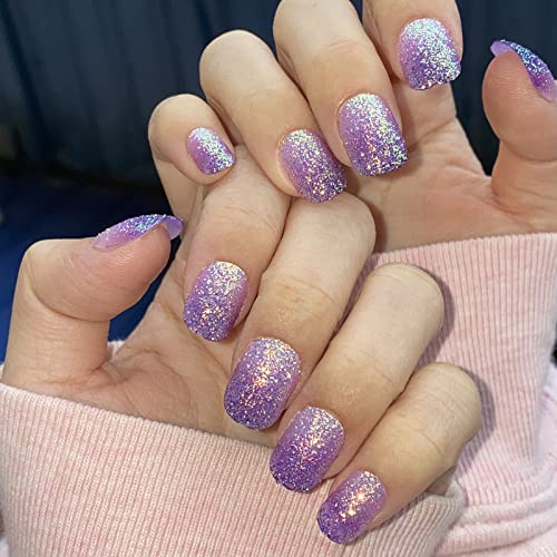 MISUD Press on Nails for Kids Pre-glue Children Fake Nails Short Girls Nails Gradient Purple Glue on Child Nails 24 pcs Bling Glitter Stick on False Nails for Teens Gift 8-10 year