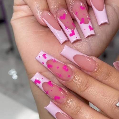 MISUD Press on Nails Long Coffin Fake Nails Glossy Glue on Nails Pink French Tip Acrylic Nails Ballerina Artificial Nails Love Heart Star Stick on False Nails with Design 24 pcs