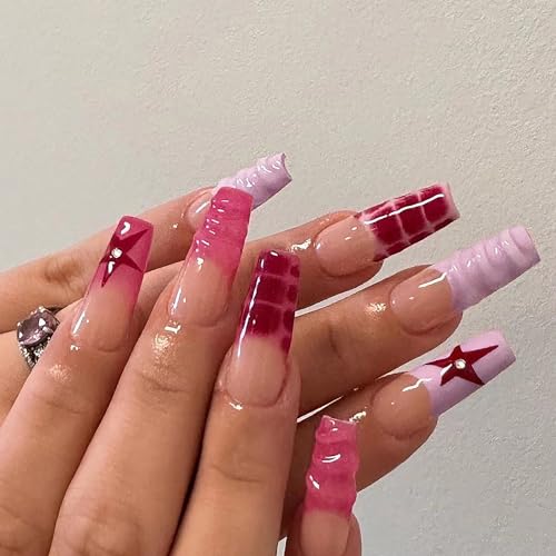 MISUD Press on Nails Long Coffin Fake Nails Glossy Glue on Nails Pink French Tip Acrylic Nails Ballerina Star Artificial Nails Rhinestone Stick on False Nails with Design 24 pcs