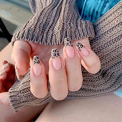 MISUD Press on Nails Long Coffin Fake Nails Matte Glue on Nails Leopard Acrylic Nails French Tip Artificial Nails Ballerina False Nails with Design for Women and Girls 24Pcs