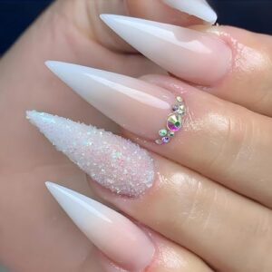 MISUD Press on Nails Long Stiletto Fake Nails Glossy Glue on Nails Sharp Almond Acrylic Nails Natural Ombre Artificial Nails Bling Glitter Stick on False Nails with Rhinestone Design 24 pcs