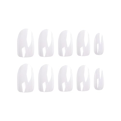 MISUD Press on Nails Medium Round Fake Nails Chrome Acrylic Nails Glossy Glue on Nails Bling White Aurora Oval Artificial Nails Pearl Flash False Nails with Laser Design 24 pcs - Image 3