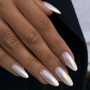 MISUD Press on Nails Medium Round Fake Nails Chrome Acrylic Nails Glossy Glue on Nails Bling White Aurora Oval Artificial Nails Pearl Flash False Nails with Laser Design 24 pcs