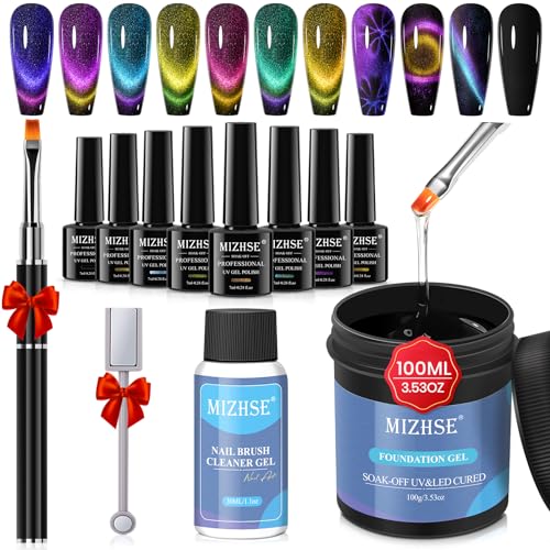 MIZHSE 100ML Gel Base Coat for Gel Nail Polish and 8 Colors 9D Cat Eye Gel Nail Polish