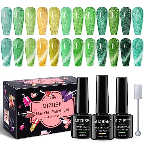 MIZHSE 7ml Reflective Green Cat Eye Gel Polish with 12Pcs Sparkly Magnetic Manicure Set