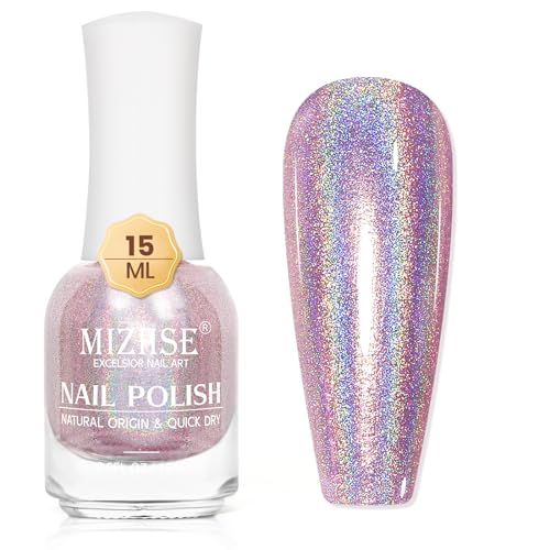 MIZHSE Holographic Nail Polish, Light Pink Glitter Nail Polish Air Dry Fast, 15ml/0.5 fl oz High Glossy Shimmer Nail Pigment Laser Oil-based Nail Polish Chrome Halo Nail Art Salon Manicure at Home