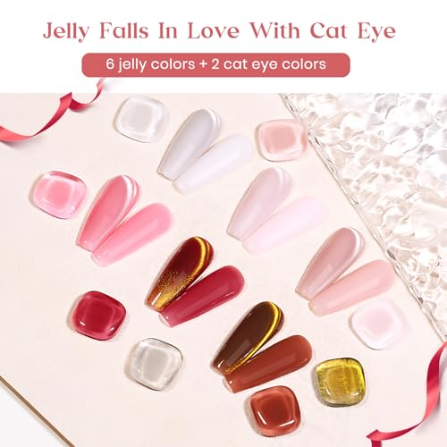 MIZHSE Jelly Gel Nail Polish Set with Classic Cateye Gel Nail Polish Gold Sliver, Translucent Nude Pink Brown Basic Colors with Glitter Cat Eye Gel and Magnet, Soak Off Nail Salon Home Manicure Gift - Image 2