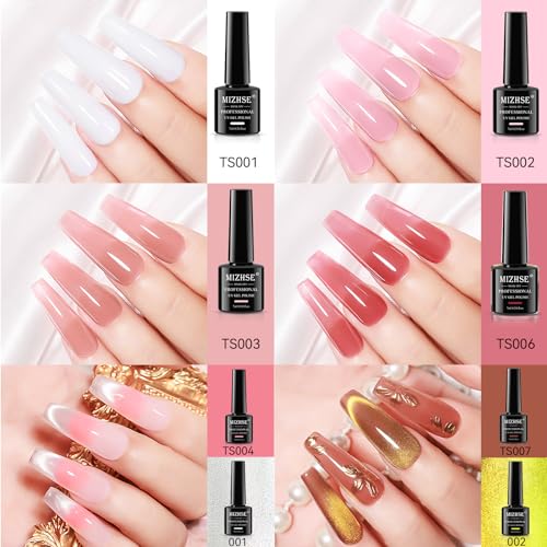 MIZHSE Jelly Gel Nail Polish Set with Classic Cateye Gel Nail Polish Gold Sliver, Translucent Nude Pink Brown Basic Colors with Glitter Cat Eye Gel and Magnet, Soak Off Nail Salon Home Manicure Gift - Image 4