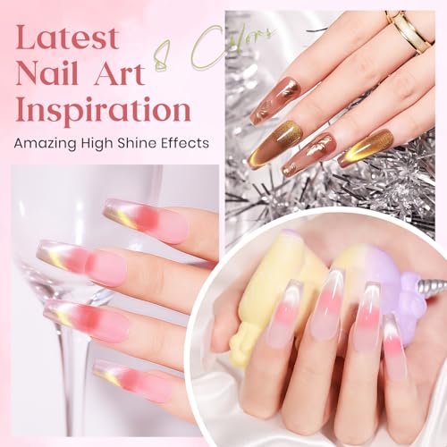 MIZHSE Jelly Gel Nail Polish Set with Classic Cateye Gel Nail Polish Gold Sliver, Translucent Nude Pink Brown Basic Colors with Glitter Cat Eye Gel and Magnet, Soak Off Nail Salon Home Manicure Gift - Image 5