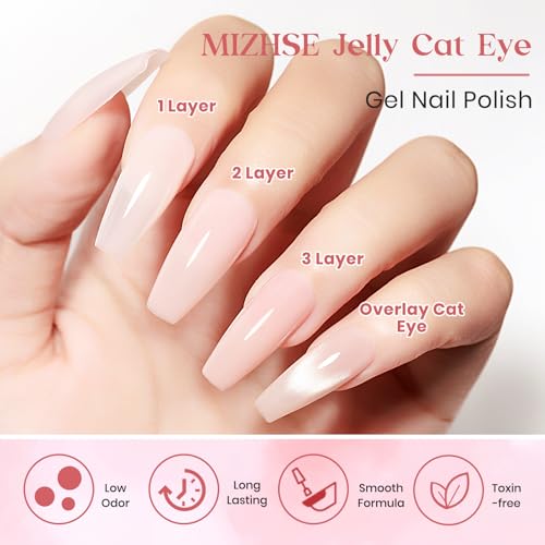 MIZHSE Jelly Gel Nail Polish Set with Classic Cateye Gel Nail Polish Gold Sliver, Translucent Nude Pink Brown Basic Colors with Glitter Cat Eye Gel and Magnet, Soak Off Nail Salon Home Manicure Gift - Image 6