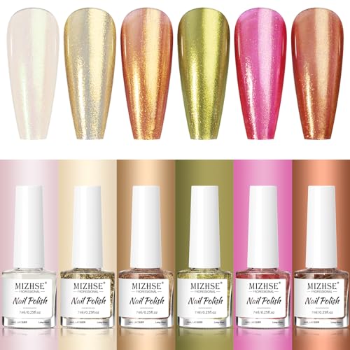 MIZHSE Nail Polish: Mermaid Pearl Nail Polish 6 Colors, Aurora Effect Nail Polish Air Dry Fast, Water-based Nail Polish Non Gel White Silver Gold Green Long Lasting Nail Art Manicure Home Gift