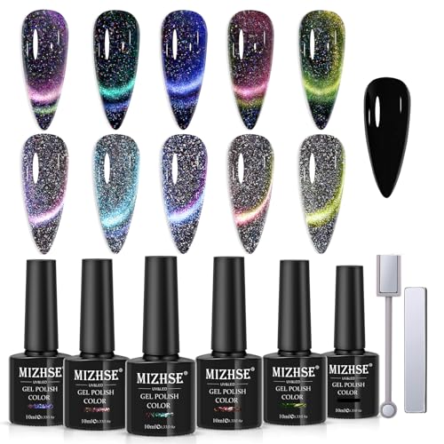 MIZHSE Reflective 9D Cat Eye Gel Nail Polish, Glitter Magnetic Gel Polish Set with 2 Magnet Sticks, Chameleon Magic Effect Holographic Cateye Nail Gel Soak Off Nail Art Gift