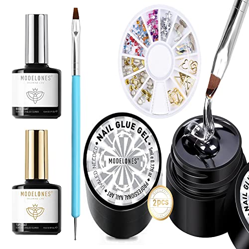 Modelones 15ml Gel Nail Polish Top Coat Set, Nail Rhinestone Glue Gel 5ml×2 No Wipe Nail Gem Glue with Nail Charms and Dual-Use Nail Art Brush