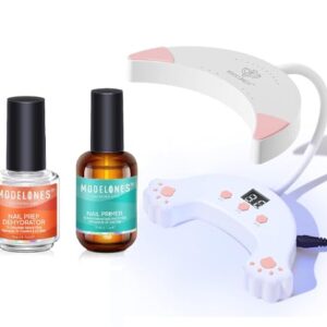 Modelones 2023 Newest UV LED Nail Lamp with Nail Dehydrator and Primer, 48W Cute Smeow Goose Neck UV Lamp for Nails, 2Pcs Acid Free Natural Nail Prep Dehydrate & Bond Primer