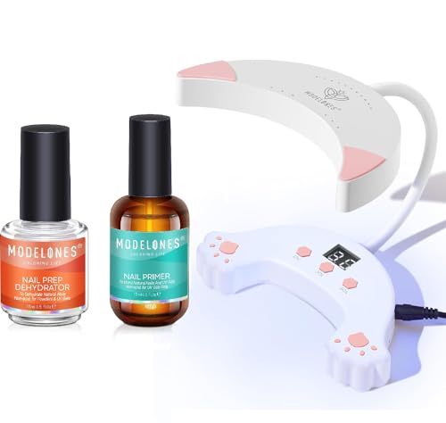 Modelones 2023 Newest UV LED Nail Lamp with Nail Dehydrator and Primer, 48W Cute Smeow Goose Neck UV Lamp for Nails, 2Pcs Acid Free Natural Nail Prep Dehydrate & Bond Primer