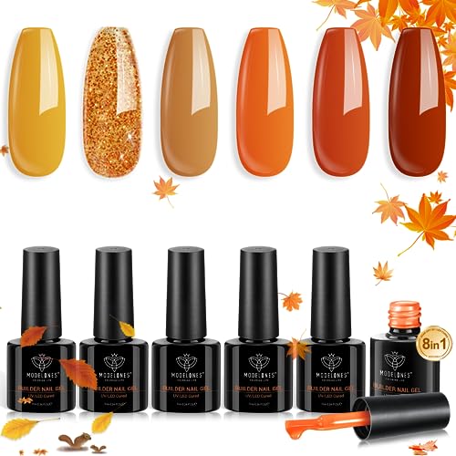 modelones Builder Nail Gel for Nails, 6 Colors Fall Autumn Gel Builder Nail Polish for Nail Thickening, Red Yellow Orange Glitter Hard Gel Builder Extension Gel LED Nail Lamp Cured Color Base