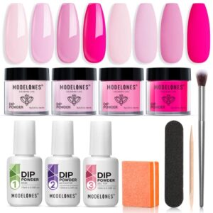 Modelones Dip Powder Nail Kit Starter, 4 Colors Hot Pink Summer Bright Dipping Powder Essential Liquid Set with Base Top Coat Activator French Nail Art Manicure DIY Salon Kit Gift