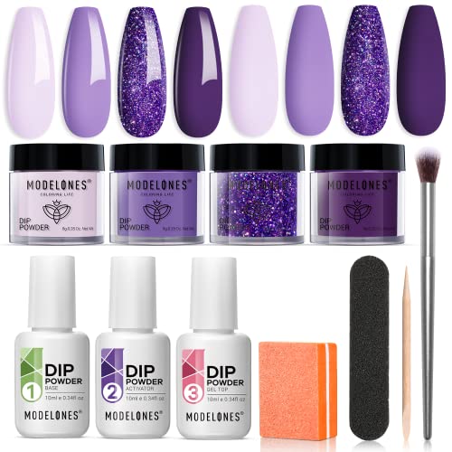 Modelones Dip Powder Nail Kit Starter, 4 Colors Lilac Lavender Purple Glitter Nail Dipping Powder Essential Liquid Set with Base Top Coat Activator French Nail Art DIY Salon Beginner Kit Gift for Mom