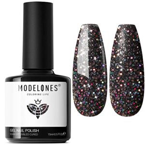 modelones Gel Nail Polish, 15ML Shade of Black Glitter Holiday Gel Polish Soak Off LED Color Nail Polish, 0.5 Fl Ounce