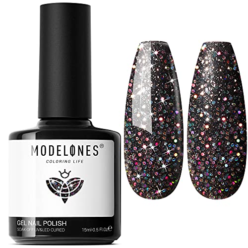 modelones Gel Nail Polish, 15ML Shade of Black Glitter Holiday Gel Polish Soak Off LED Color Nail Polish, 0.5 Fl Ounce