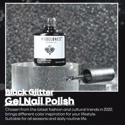 modelones Gel Nail Polish, 15ML Shade of Black Glitter Holiday Gel Polish Soak Off LED Color Nail Polish, 0.5 Fl Ounce - Image 2