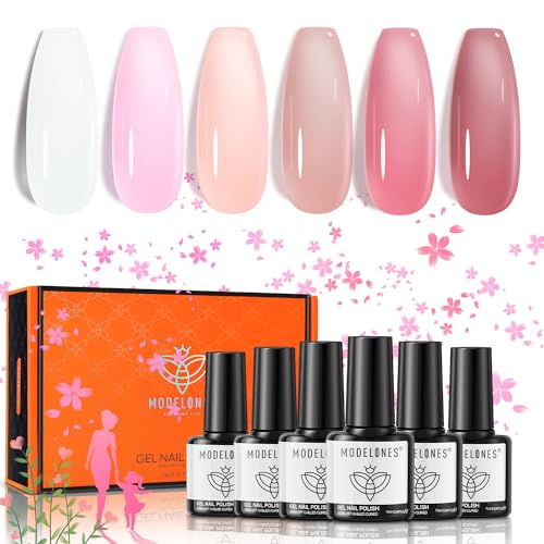 Modelones Gel Nail Polish Set, 6 Colors Jelly Gel Polish White Nude Pink Gel Neutral Nail Art Design Translucent Gel Nail Kits Soak Off LED Nail Lamp Cured Nail Manicure Salon DIY Easter Holiday Gifts