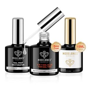 modelones Nail Glue Gel with Top Coat and Nail Prep Dehydrator 3PCS 15ml 4 in 1 Nail Glue Gel Nail Kit for Easy Nail Extension, No Wipe Top Coat