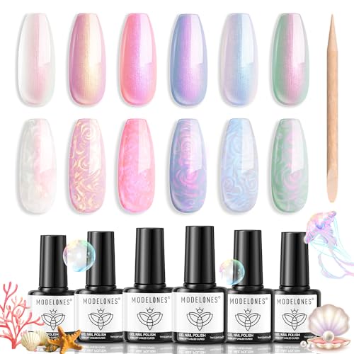 Modelones Pearl Gel Nail Polish Set, 6 Colors Aurora Iridescent Shimmer White Pink Purple Mermaid Nail Drawing Gel Polish Soak Off Led Spring Glitter Nail Gel Polish Swirl Shell Thread Effect DIY Gift