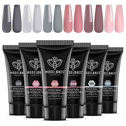 modelones Poly Nail Extension Gel Set, 6 Colors Nude Gray Pink Classic Collection Poly Nail Gel Summer Colors Nail Gel Popular Nail Art Design at Home for Women