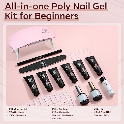 Modelones Poly Nail Gel Kit with Nail Lamp, 6 Colors Poly Nail Extension Gel Complete Kit Glitter Pink Red Builder Nail Gel Nail Strengthen Base Top Coat Set for Nail Art Starter DIY at Home - Image 3