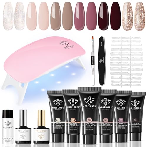Modelones Poly Nail Gel Kit with Nail Lamp, 6 Colors Poly Nail Extension Gel Complete Kit Glitter Pink Red Builder Nail Gel Nail Strengthen Base Top Coat Set for Nail Art Starter DIY at Home