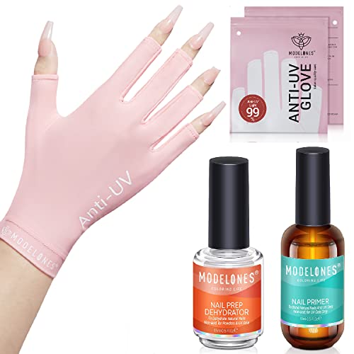 modelones UV Gloves for Gel Nail Lamp with Gel Nail Polish Primer, Acid Free Natural Nail Prep Dehydrate & Bond Primer, 15ml Nail Bond, Air Dry Superior Bonding Primer for Acrylic Powder Nail Supplie