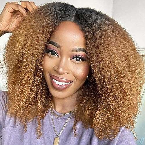 Mongolian Ombre Afro Kinky Curly Bundles Human Hair 18 20 22 Inch 1B/30 Brown 4B 4C Afro Kinkys Human Hair Bundle Curly Weave Bundles Unprocessed Virgin Hair Extensions for Black Women