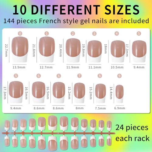Monja French Tips Medium Square Colord Nail Tips Soft Gel Nail Tips No Need to File 144pcs Pre-French Nails Gel Fake Nails for Nail Extension 10 Sizes Easy to Use - Image 2