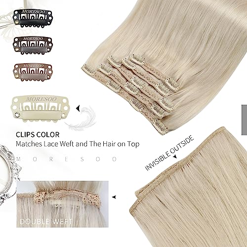 Moresoo Blonde Clip in Hair Extensions Real Human Hair Platinum Blonde Hair Extensions Clip ins Human Hair Blonde Human Hair Clip in Extensions Double Weft 14inch 5Pieces 70G - Image 4