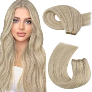 Moresoo Sew in Hair Extensions Blonde Highlight Remy Weft Hair Extensions Human Hair Ash Blonde with Blonde Highlight Double Weft Sew in Weft Extensions Human Hair 14Inch 100G
