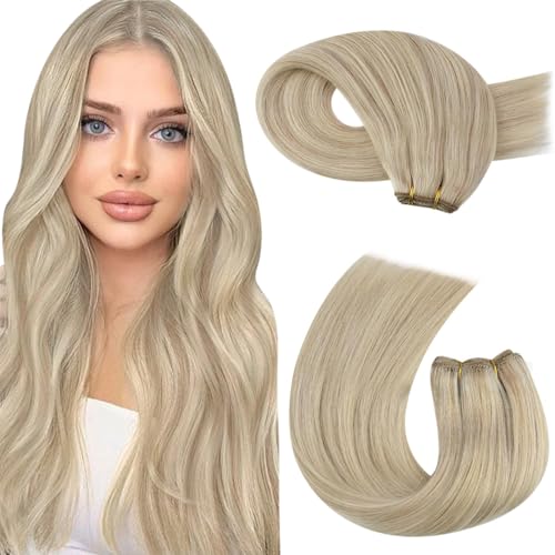 Moresoo Sew in Hair Extensions Blonde Highlight Remy Weft Hair Extensions Human Hair Ash Blonde with Blonde Highlight Double Weft Sew in Weft Extensions Human Hair 14Inch 100G