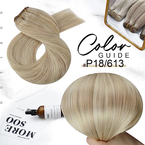 Moresoo Sew in Hair Extensions Blonde Highlight Remy Weft Hair Extensions Human Hair Ash Blonde with Blonde Highlight Double Weft Sew in Weft Extensions Human Hair 14Inch 100G - Image 6