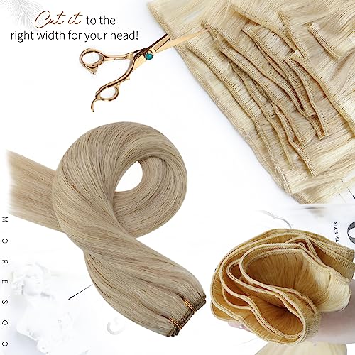 Moresoo Sew in Hair Extensions Blonde Highlight Remy Weft Hair Extensions Human Hair Ash Blonde with Blonde Highlight Double Weft Sew in Weft Extensions Human Hair 14Inch 100G - Image 4