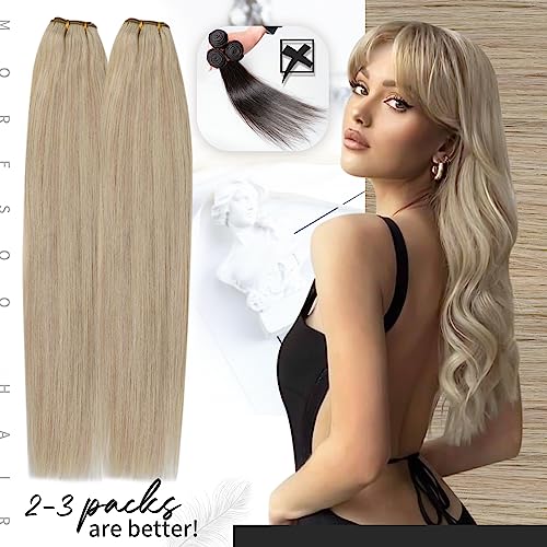 Moresoo Sew in Hair Extensions Blonde Highlight Remy Weft Hair Extensions Human Hair Ash Blonde with Blonde Highlight Double Weft Sew in Weft Extensions Human Hair 14Inch 100G - Image 5